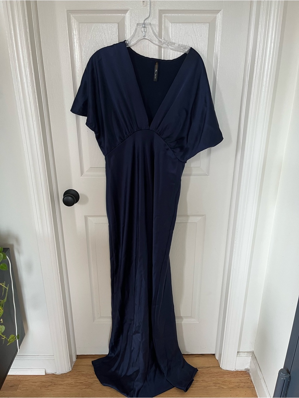 Satin floor length formal dress navy